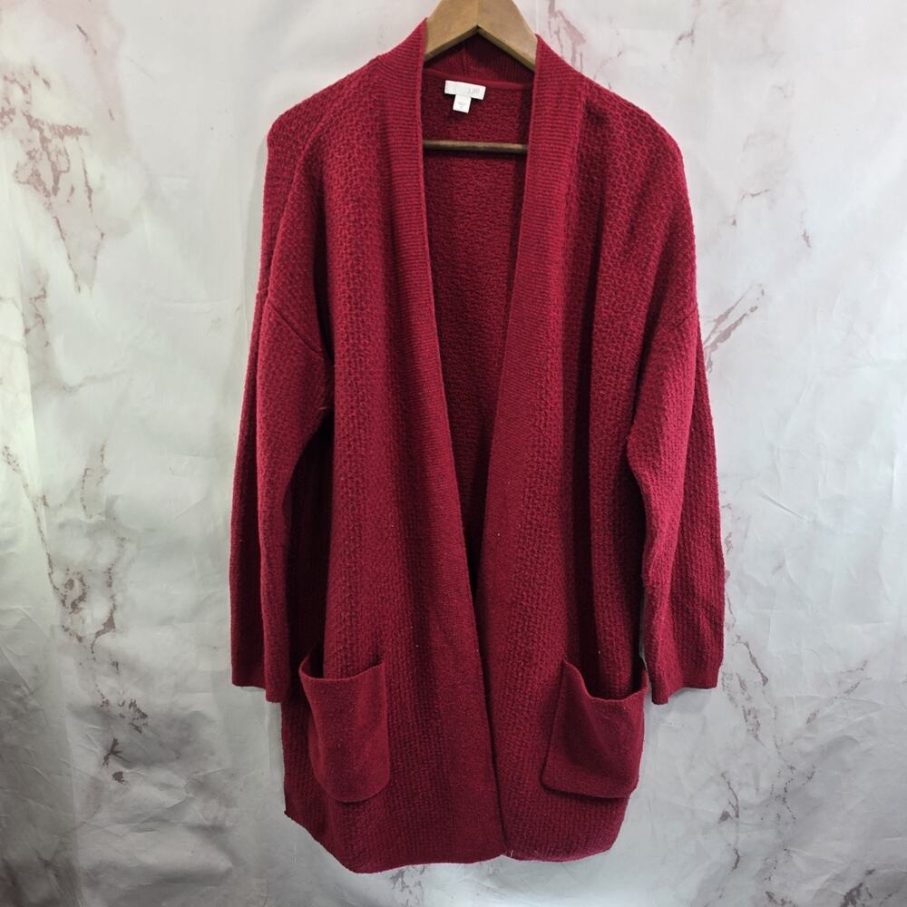J Jill Cardigan Womens Medium True Red Sweater Stretch Open Pocket Long Boucle